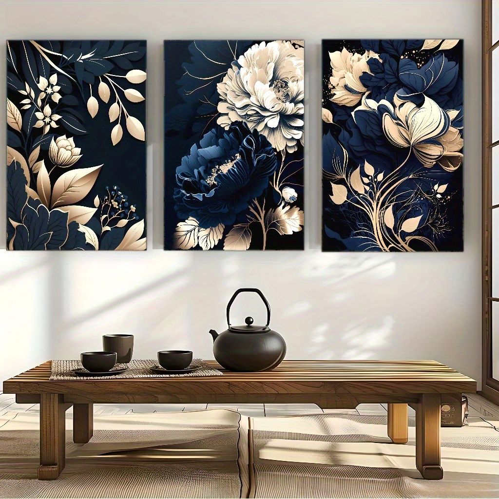 3pcs Navy Blue, Golden, Beige, - Canvas Wrap Ready 评论和价格